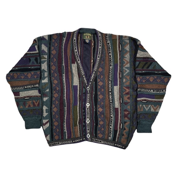 Vintage 90s Tosani Wool Coogi Style 3D Knit Grandpa Cardigan Sweater Mens XL - Picture 1 of 8